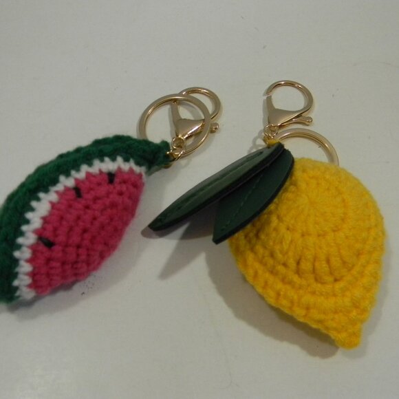 Handbag Purse Charms Keyrings Fruit Crochet Lemon Watermelon Set of 2 - Picture 3 of 3